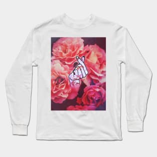 Korean Love Finger Snap - Pink Floral Long Sleeve T-Shirt